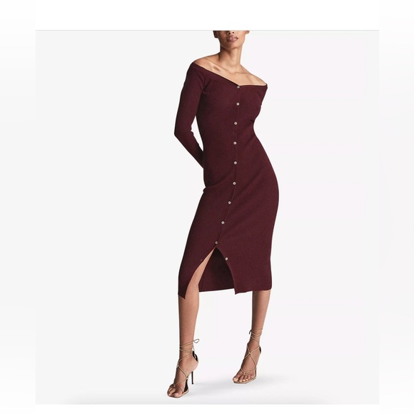REISS Camille Sweater Dress Knitted Ribbed Button Front Midi Burgundy Size L